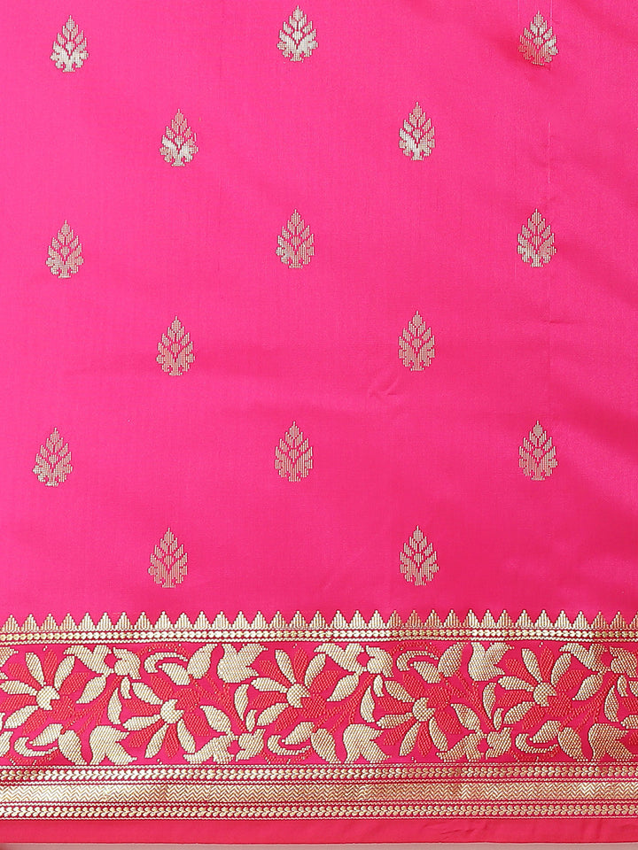 Fuchsia Pink Floral Motifs Banarasi Silk Saree with Contrast Pallu