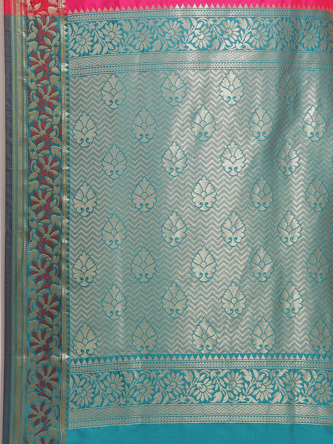 Fuchsia Pink Floral Motifs Banarasi Silk Saree with Contrast Pallu