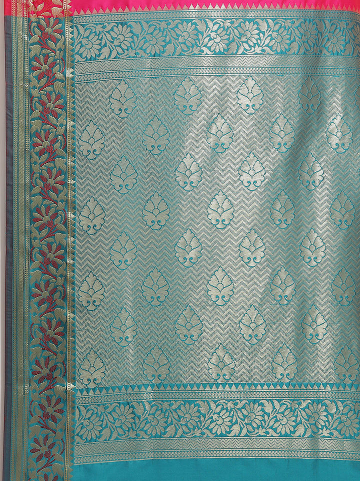 Fuchsia Pink Floral Motifs Banarasi Silk Saree with Contrast Pallu