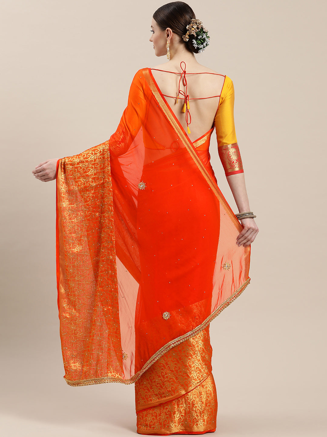 Orange Georgette Embellished Saree
