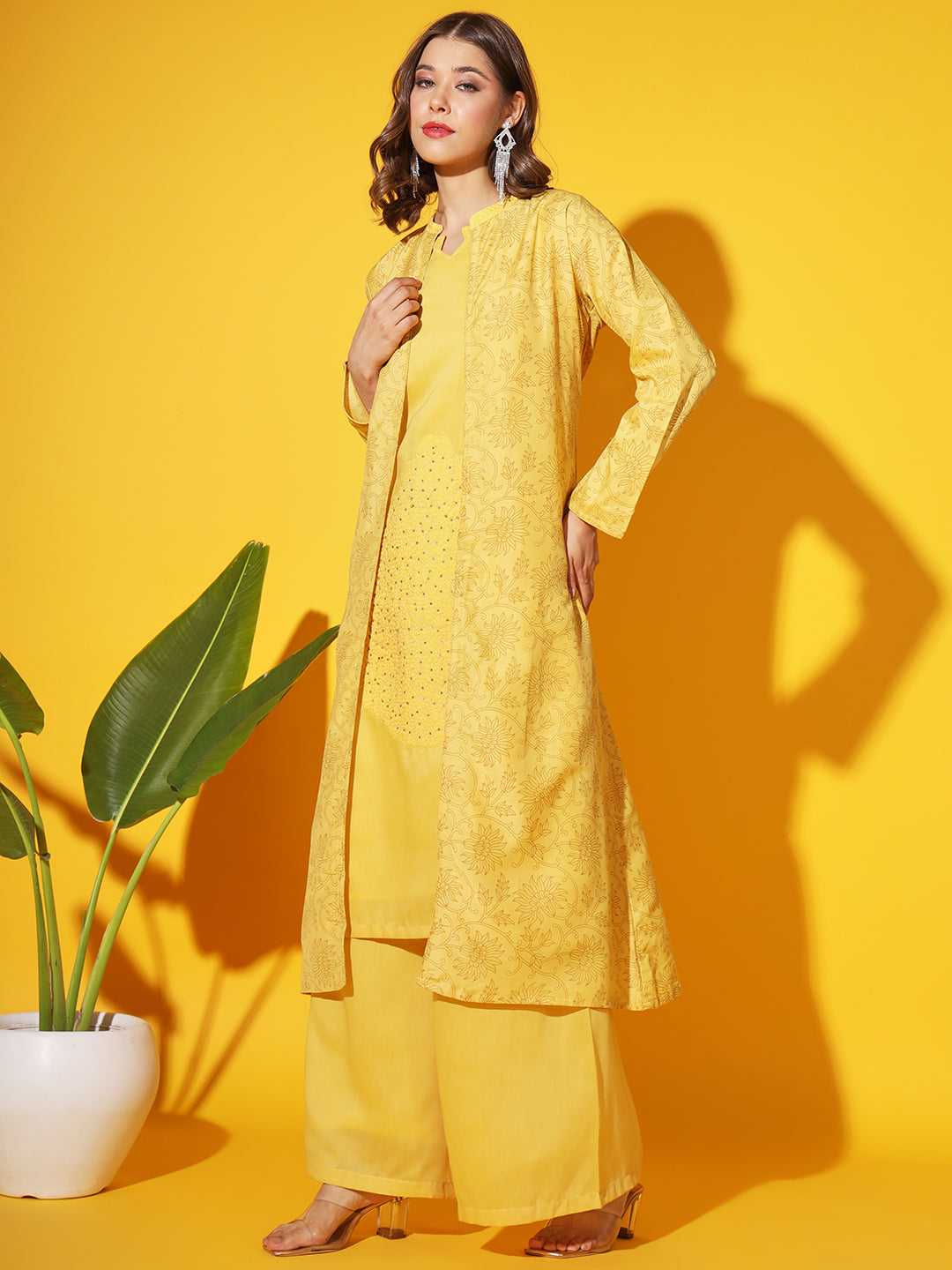 Yellow Thread Embroidered Cotton Kurta Palazzo Set With Printed Jacket
