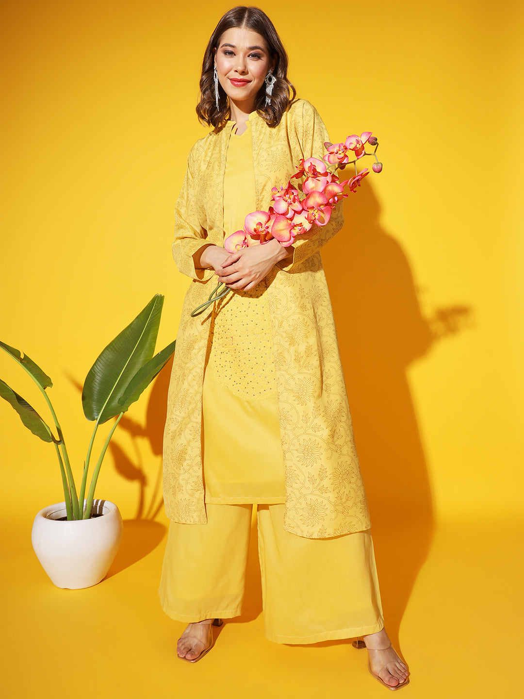 Yellow Thread Embroidered Cotton Kurta Palazzo Set With Printed Jacket
