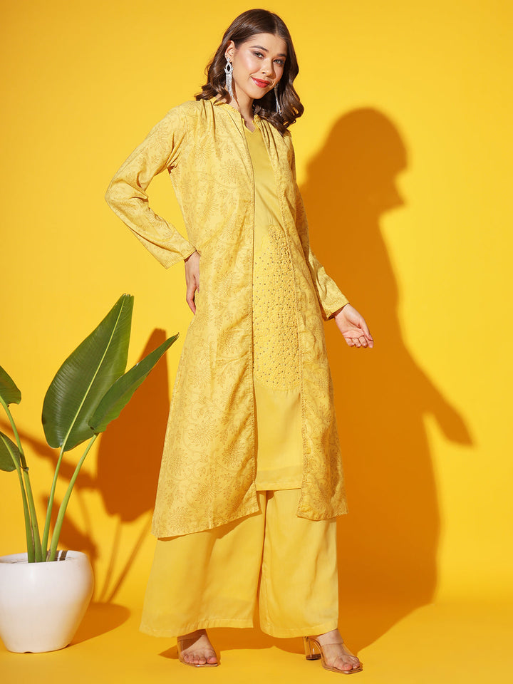 Yellow Thread Embroidered Cotton Kurta Palazzo Set With Printed Jacket