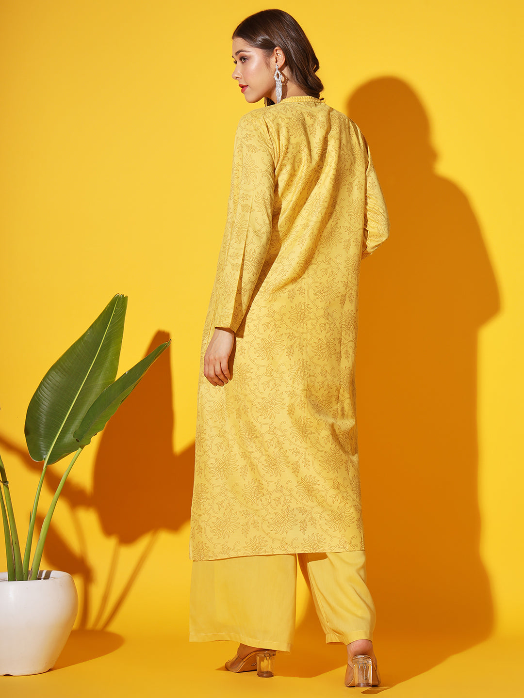 Yellow Thread Embroidered Cotton Kurta Palazzo Set With Printed Jacket