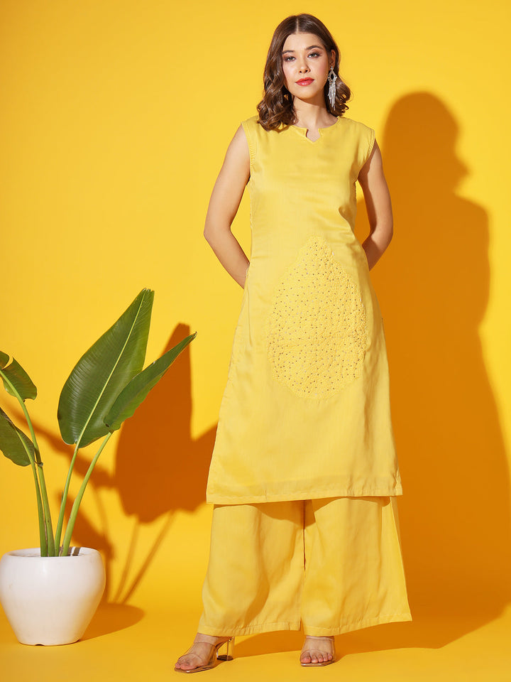 Yellow Thread Embroidered Cotton Kurta Palazzo Set With Printed Jacket