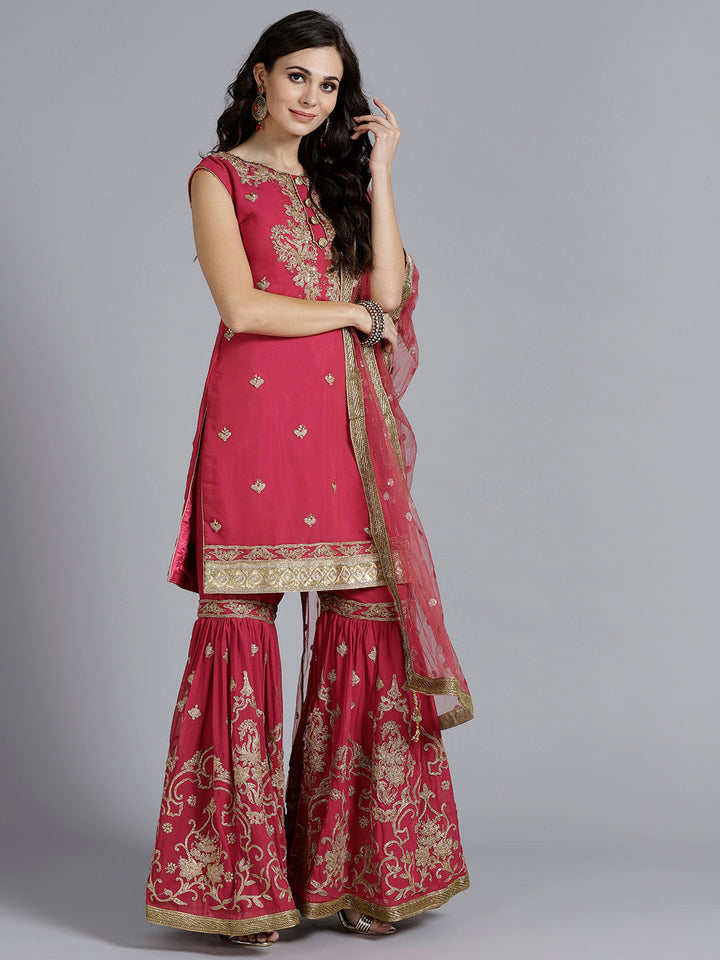 Kundan Embellished Zari Embroidered Sharara Kurta Set