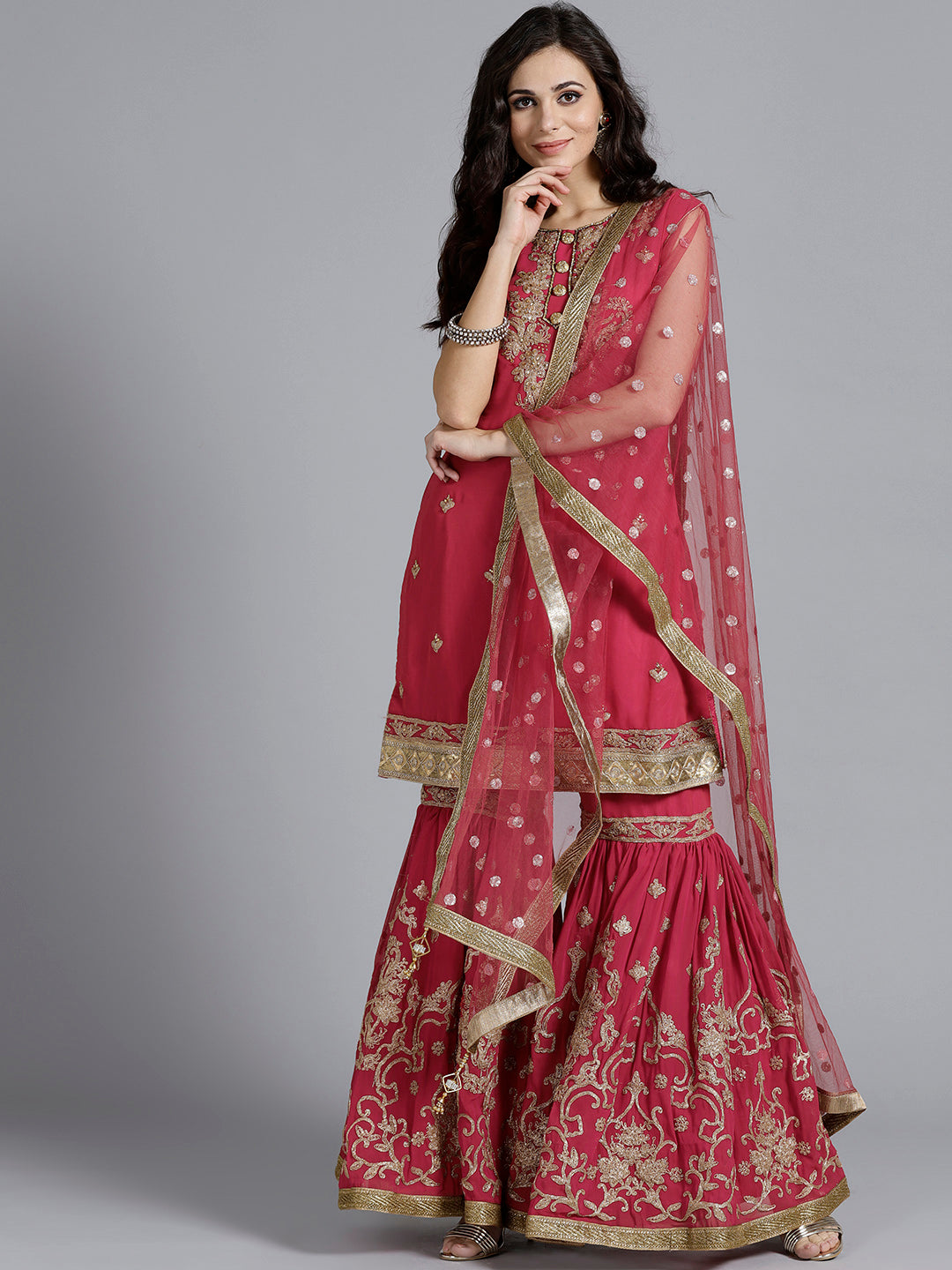 Kundan Embellished Zari Embroidered Sharara Kurta Set