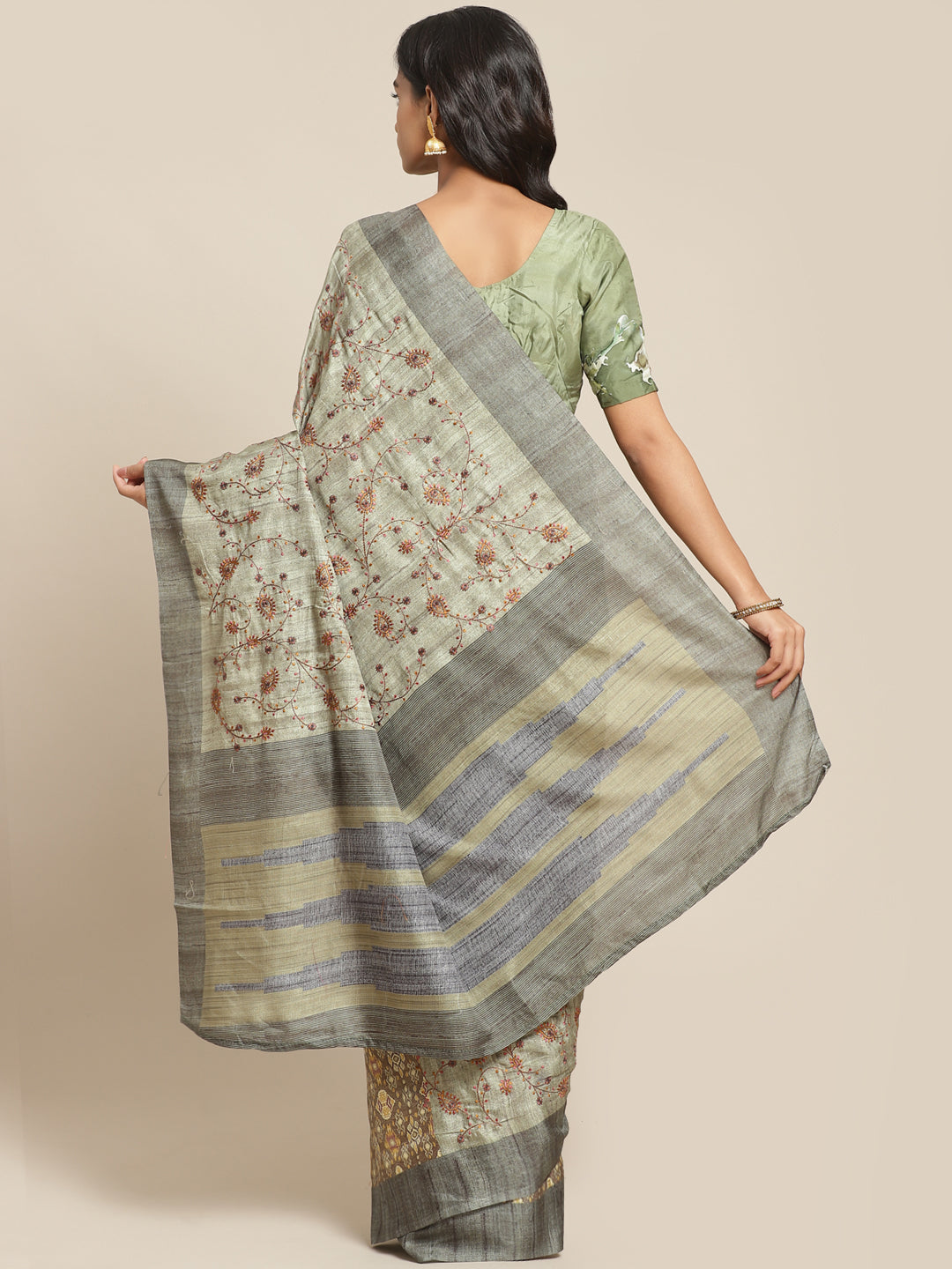 Kantha embroidered Handloom Half-and-Half Saree with Ikat inspired Indie Print in pleats