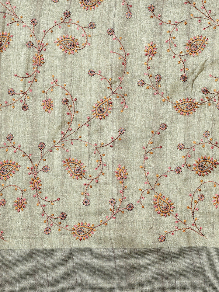 Kantha embroidered Handloom Half-and-Half Saree with Ikat inspired Indie Print in pleats