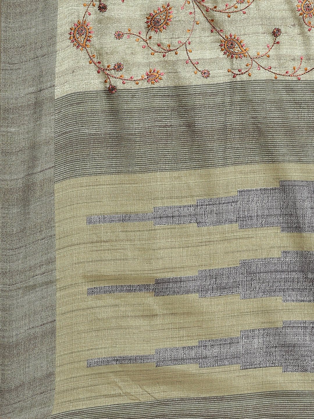 Kantha embroidered Handloom Half-and-Half Saree with Ikat inspired Indie Print in pleats