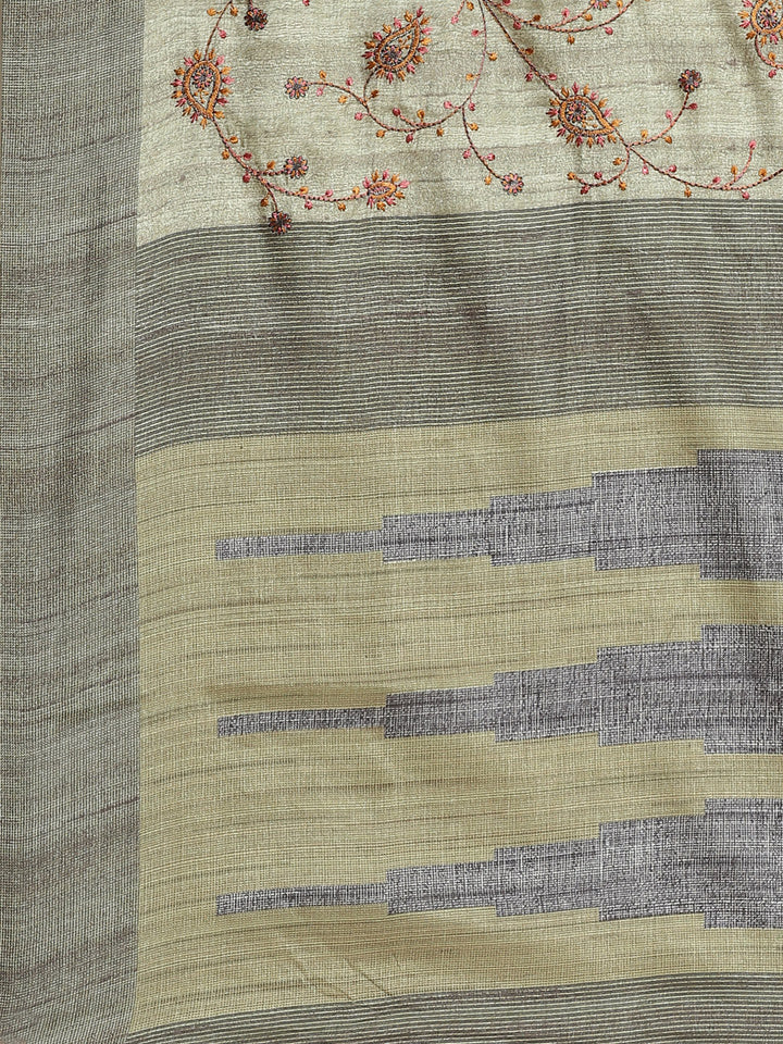 Kantha embroidered Handloom Half-and-Half Saree with Ikat inspired Indie Print in pleats