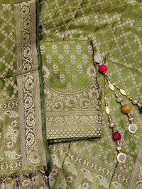 Chhabra 555 Banarasi Silk Dress Material with Scalloped Floral Motifs & Jaal pattern Jhallar Dupatta