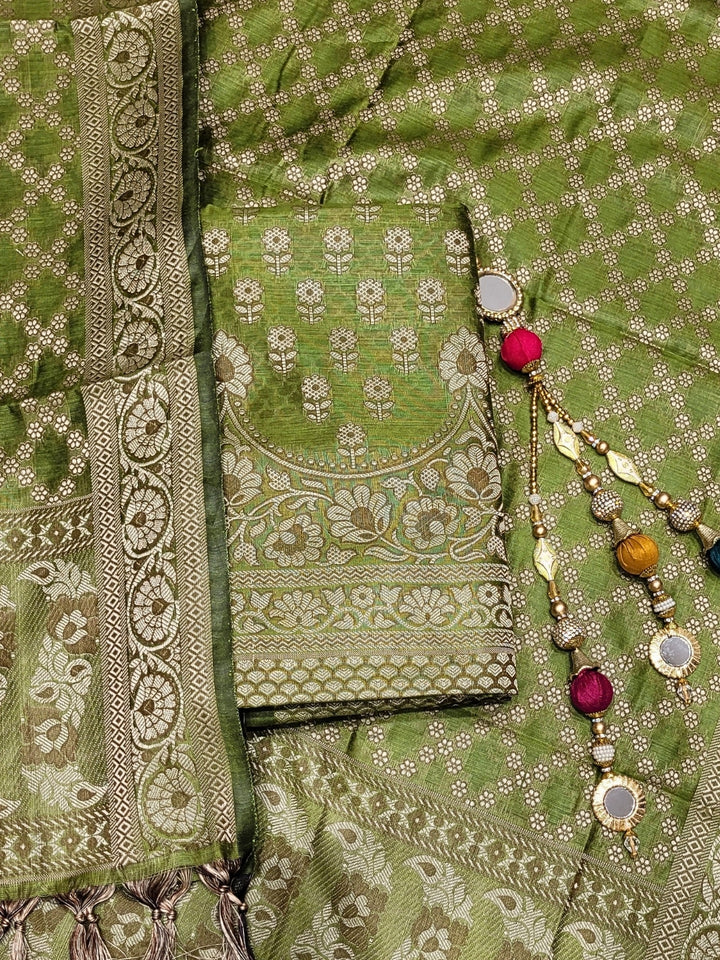 Chhabra 555 Banarasi Silk Dress Material with Scalloped Floral Motifs & Jaal pattern Jhallar Dupatta