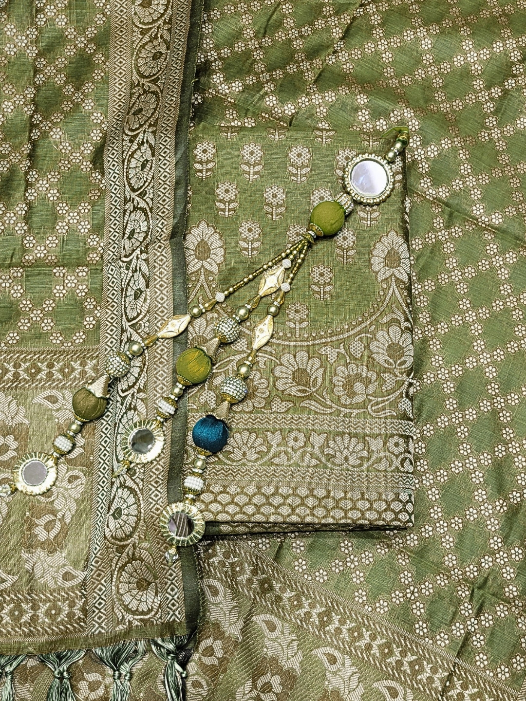 Banarasi Silk Dress Material with Scalloped Floral Motifs & Jaal pattern Jhallar Dupatta