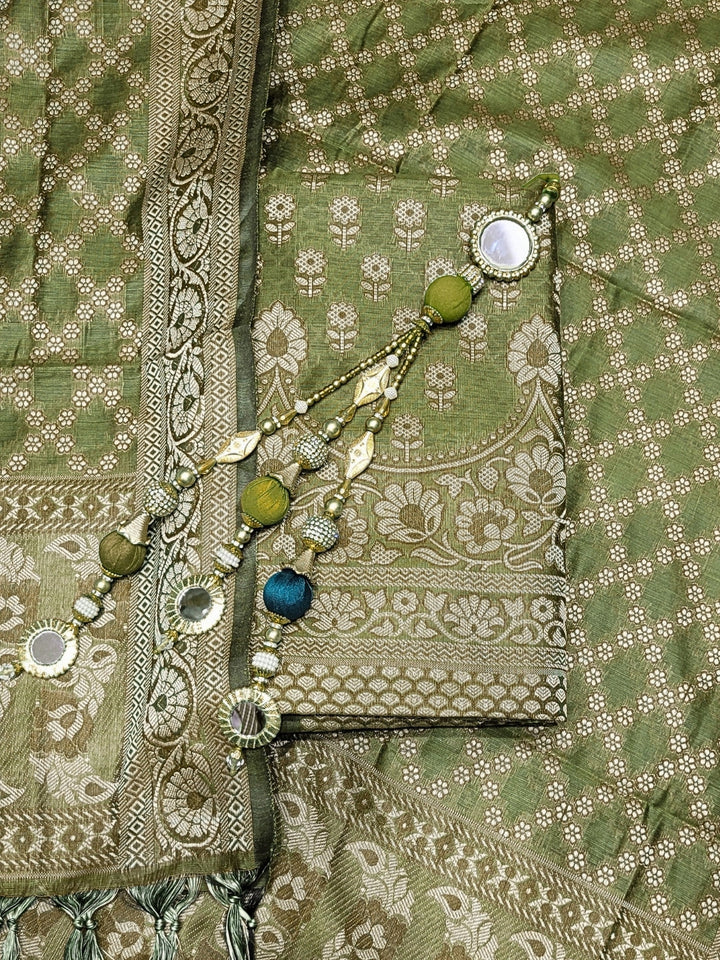 Banarasi Silk Dress Material with Scalloped Floral Motifs & Jaal pattern Jhallar Dupatta