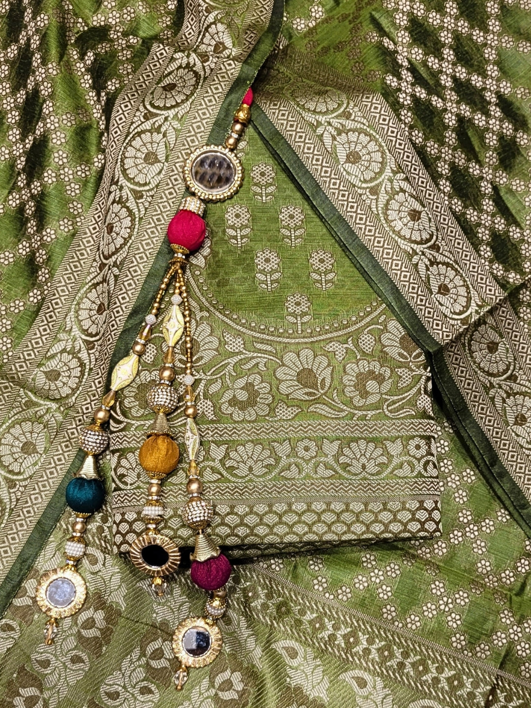 Banarasi Silk Dress Material with Scalloped Floral Motifs & Jaal pattern Jhallar Dupatta