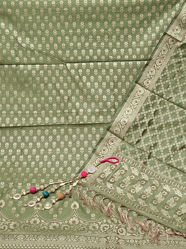 Banarasi Silk Dress Material with Scalloped Floral Motifs & Jaal pattern Jhallar Dupatta
