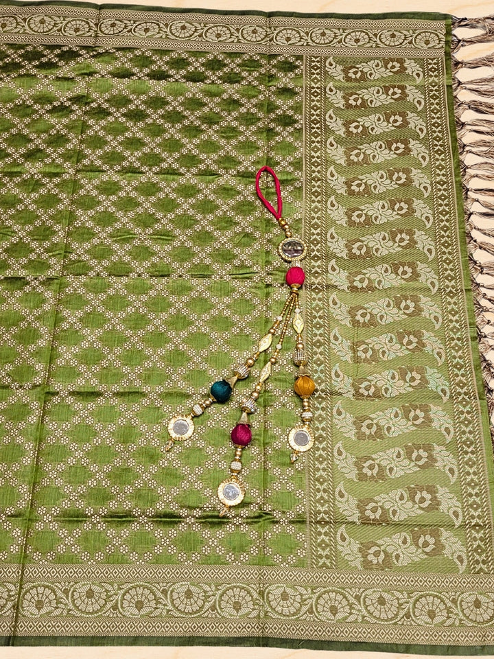 Banarasi Silk Dress Material with Scalloped Floral Motifs & Jaal pattern Jhallar Dupatta