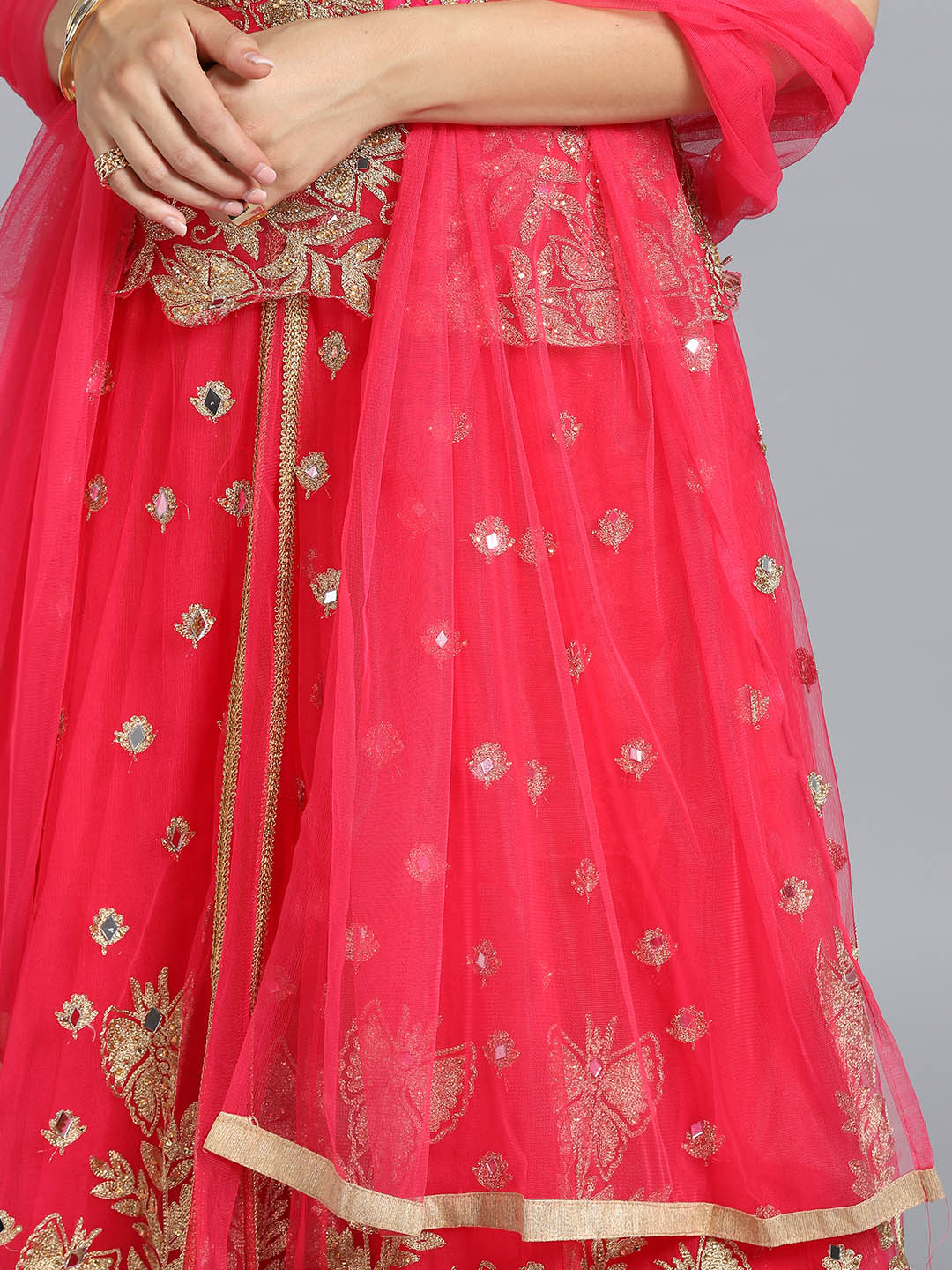 Layered Embroidered Gown with Mirror Embellishments