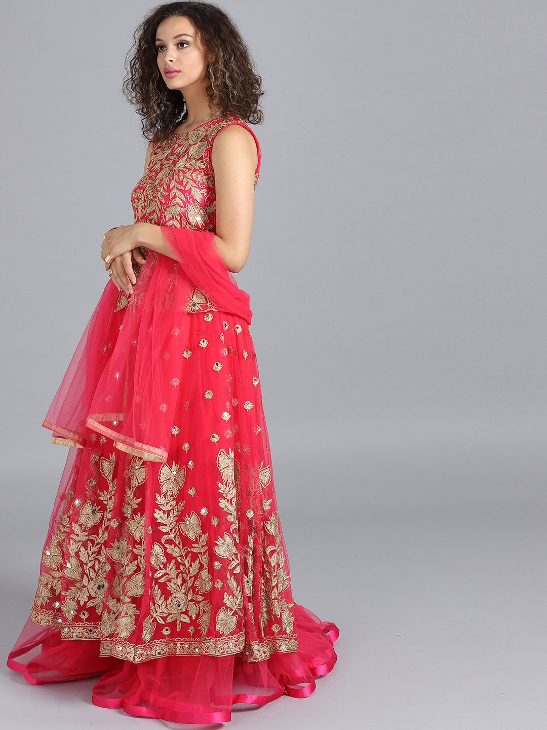 Layered Embroidered Gown with Mirror Embellishments