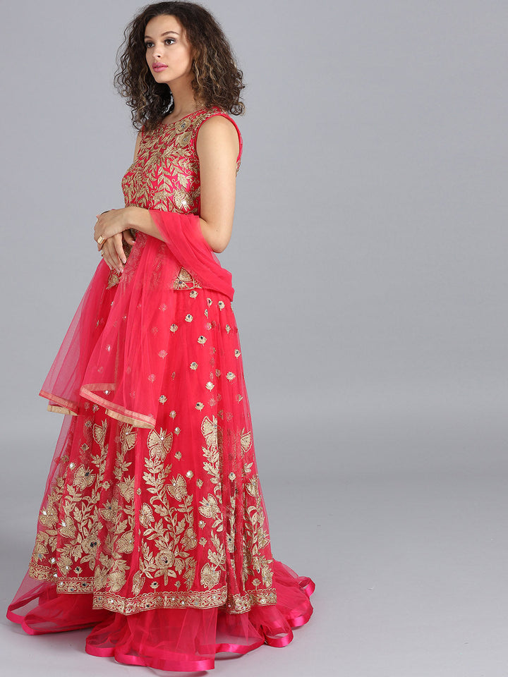 Layered Embroidered Gown with Mirror Embellishments