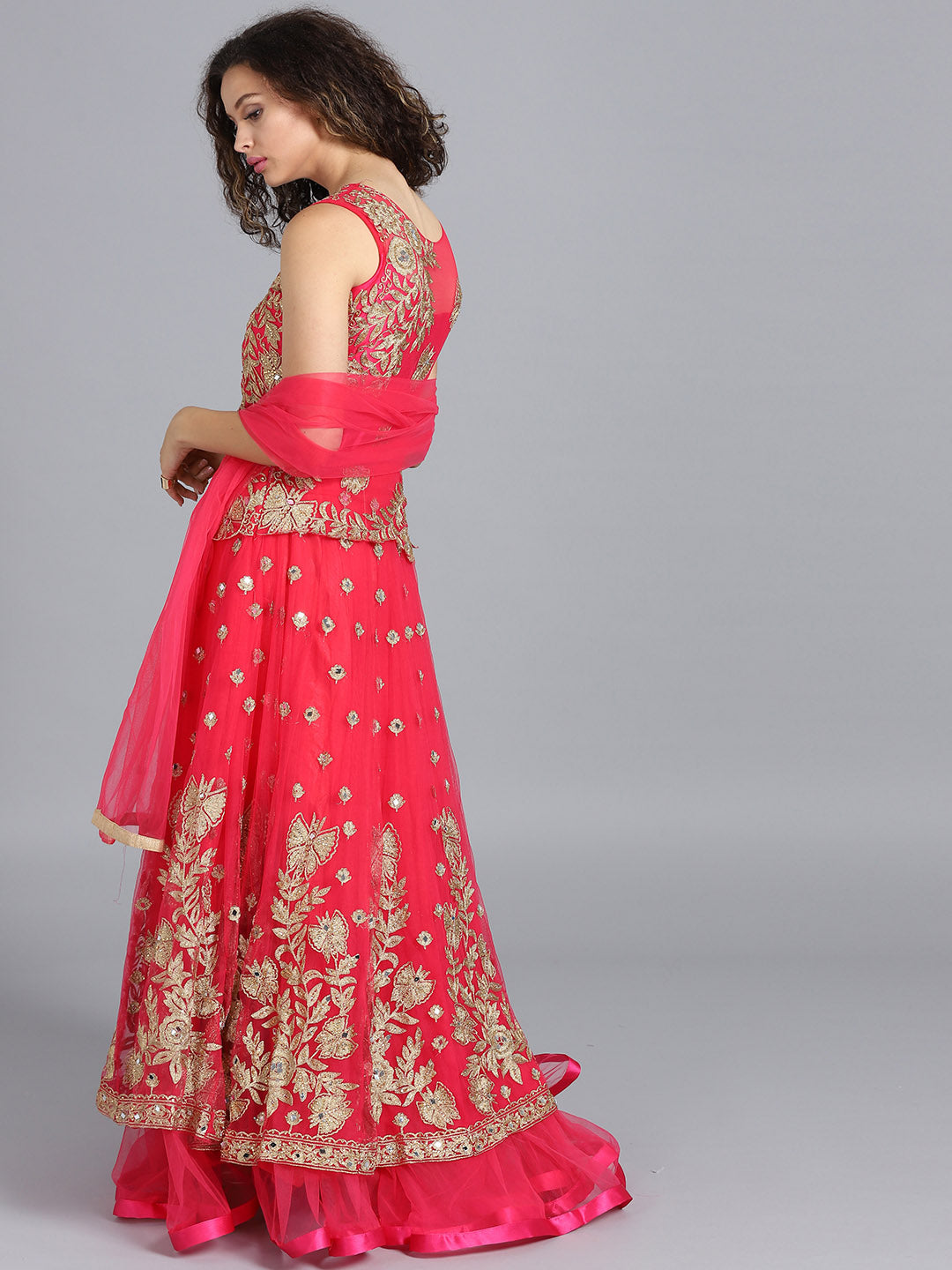 Layered Embroidered Gown with Mirror Embellishments
