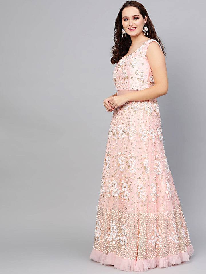 Pearl embellished Cocktail Gown with Ruffled Hemline