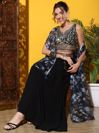 Tasseled Indo-western Crop-Top Set with Floral Print Shrug