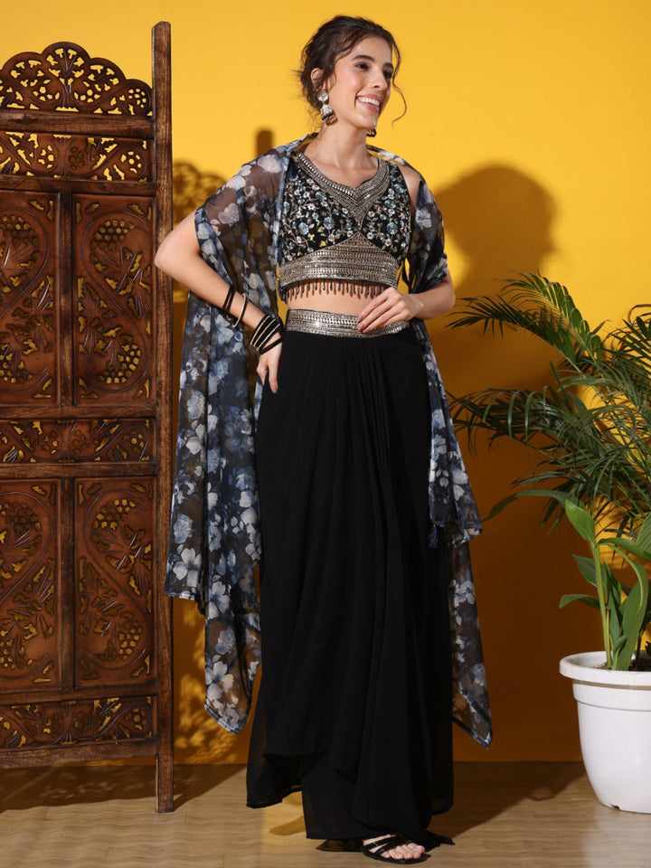 Tasseled Indo-western Crop-Top Set with Floral Print Shrug