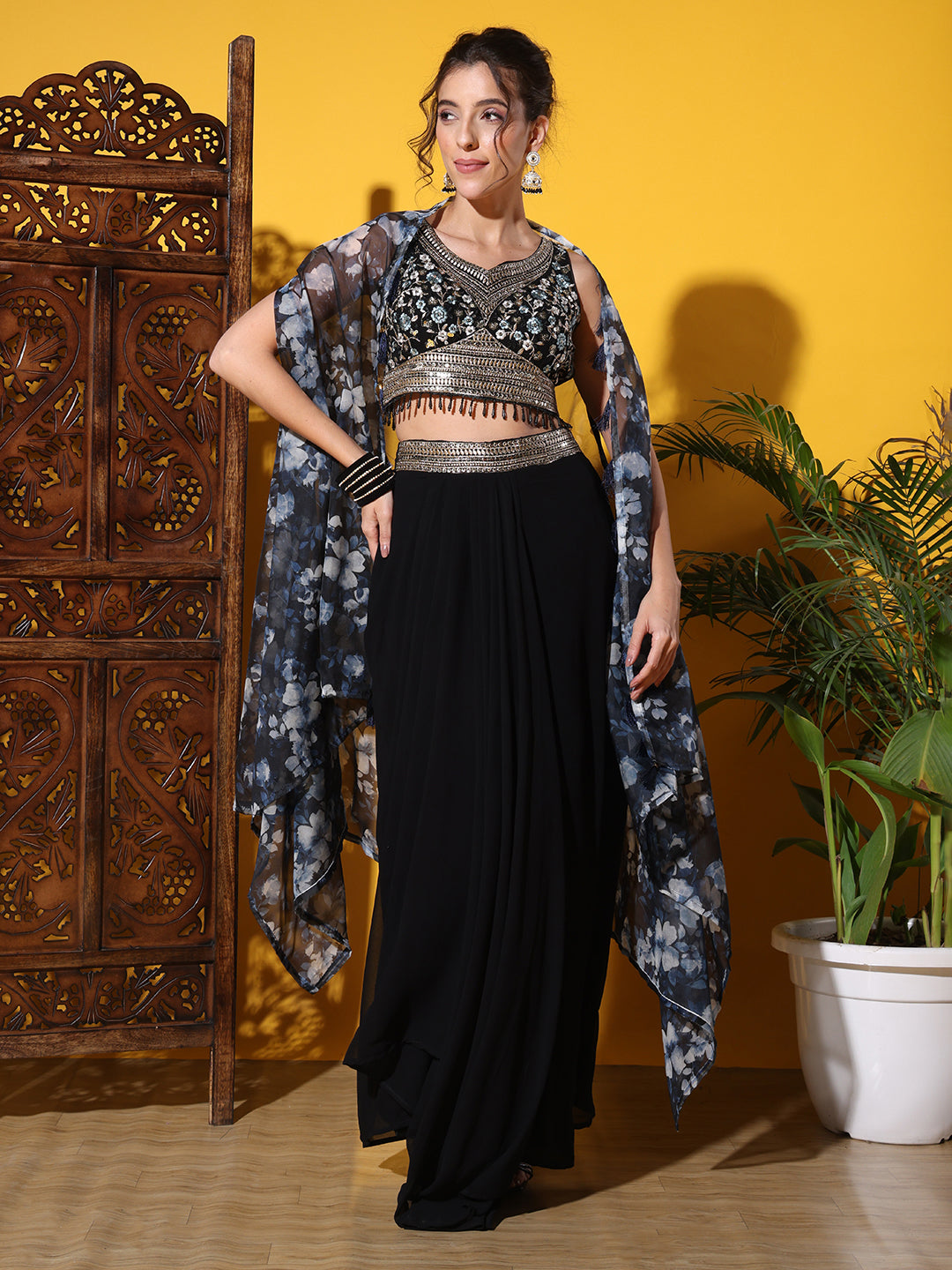 Tasseled Indo-western Crop-Top Set with Floral Print Shrug