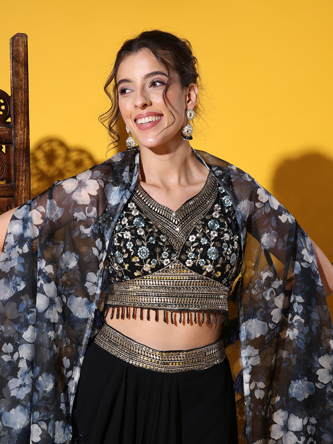 Tasseled Indo-western Crop-Top Set with Floral Print Shrug
