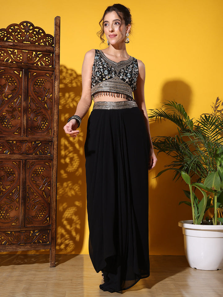 Tasseled Indo-western Crop-Top Set with Floral Print Shrug