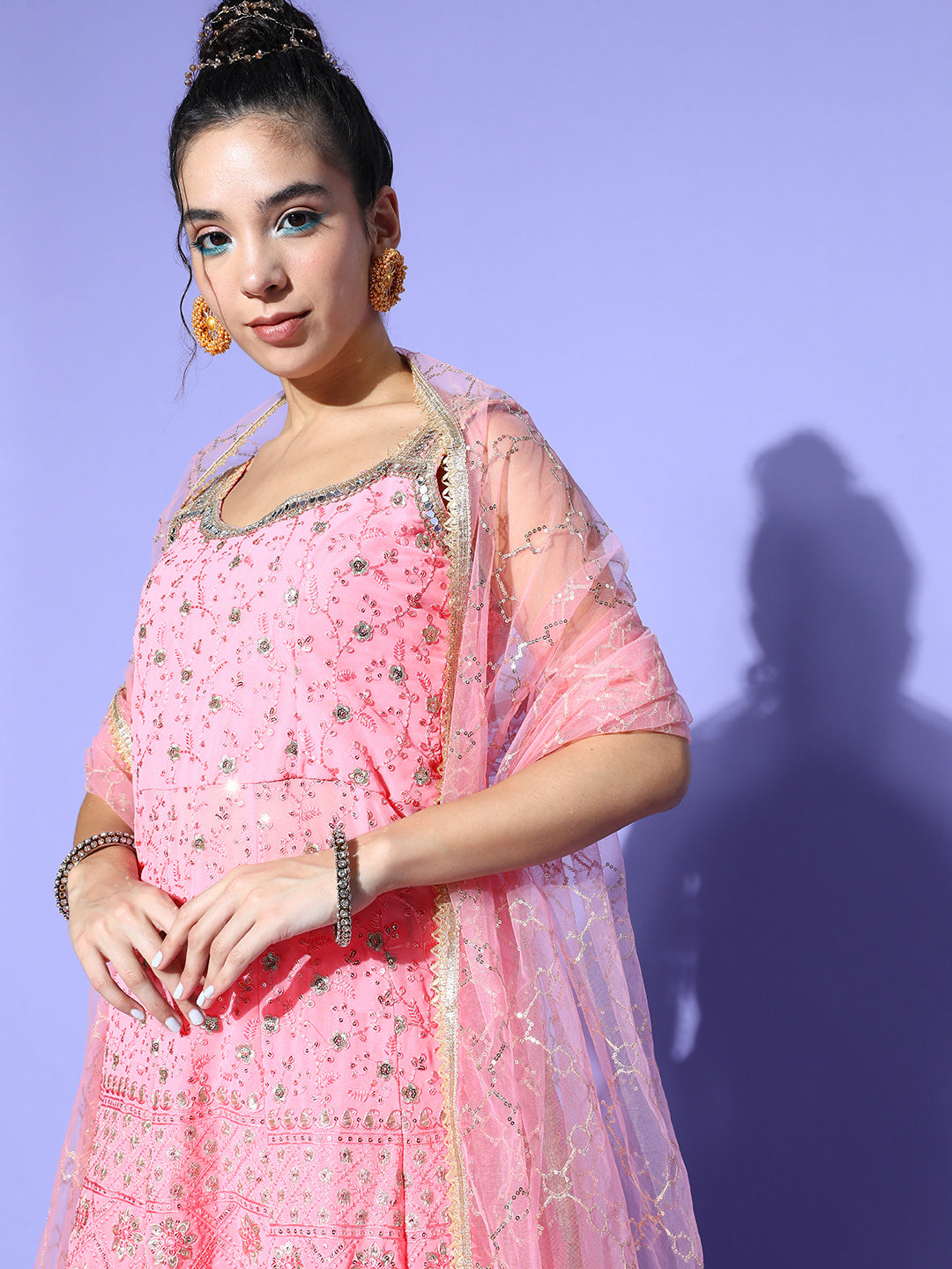 Pink Peplum Kurta, Pleated Lehenga Set & Heavy Net Dupatta