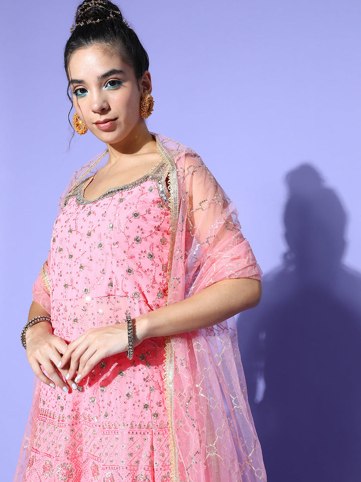 Pink Peplum Kurta, Pleated Lehenga Set & Heavy Net Dupatta