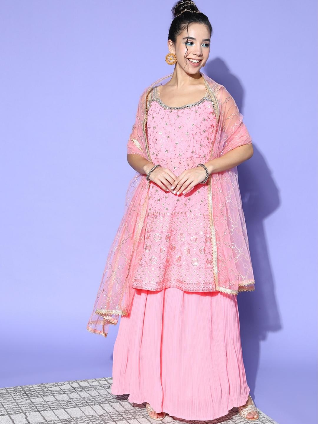 Pink Peplum Kurta, Pleated Lehenga Set & Heavy Net Dupatta