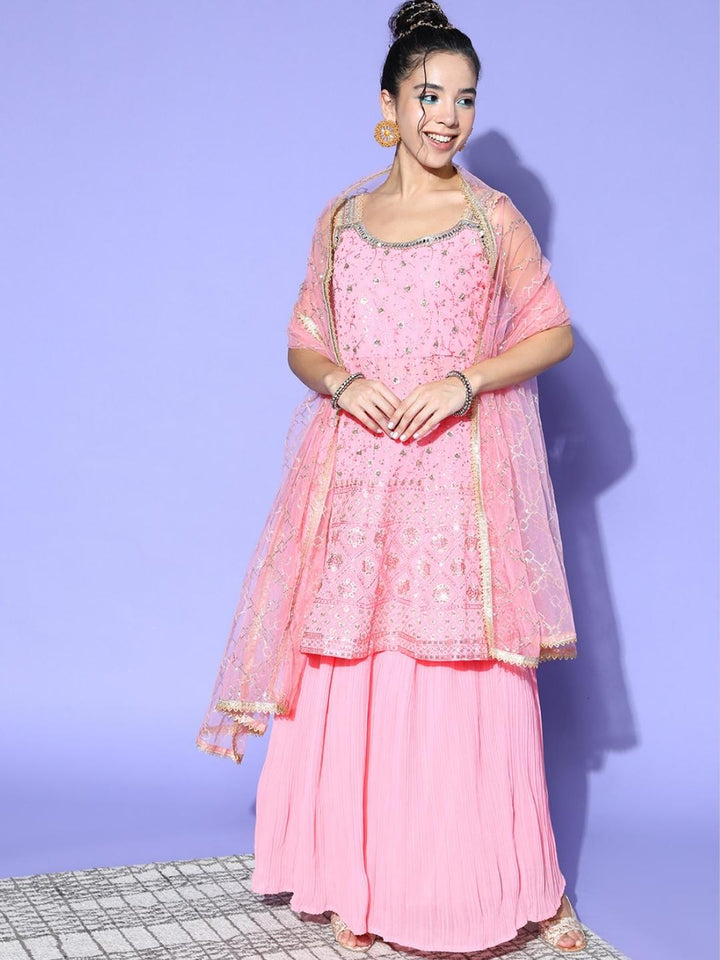 Pink Peplum Kurta, Pleated Lehenga Set & Heavy Net Dupatta