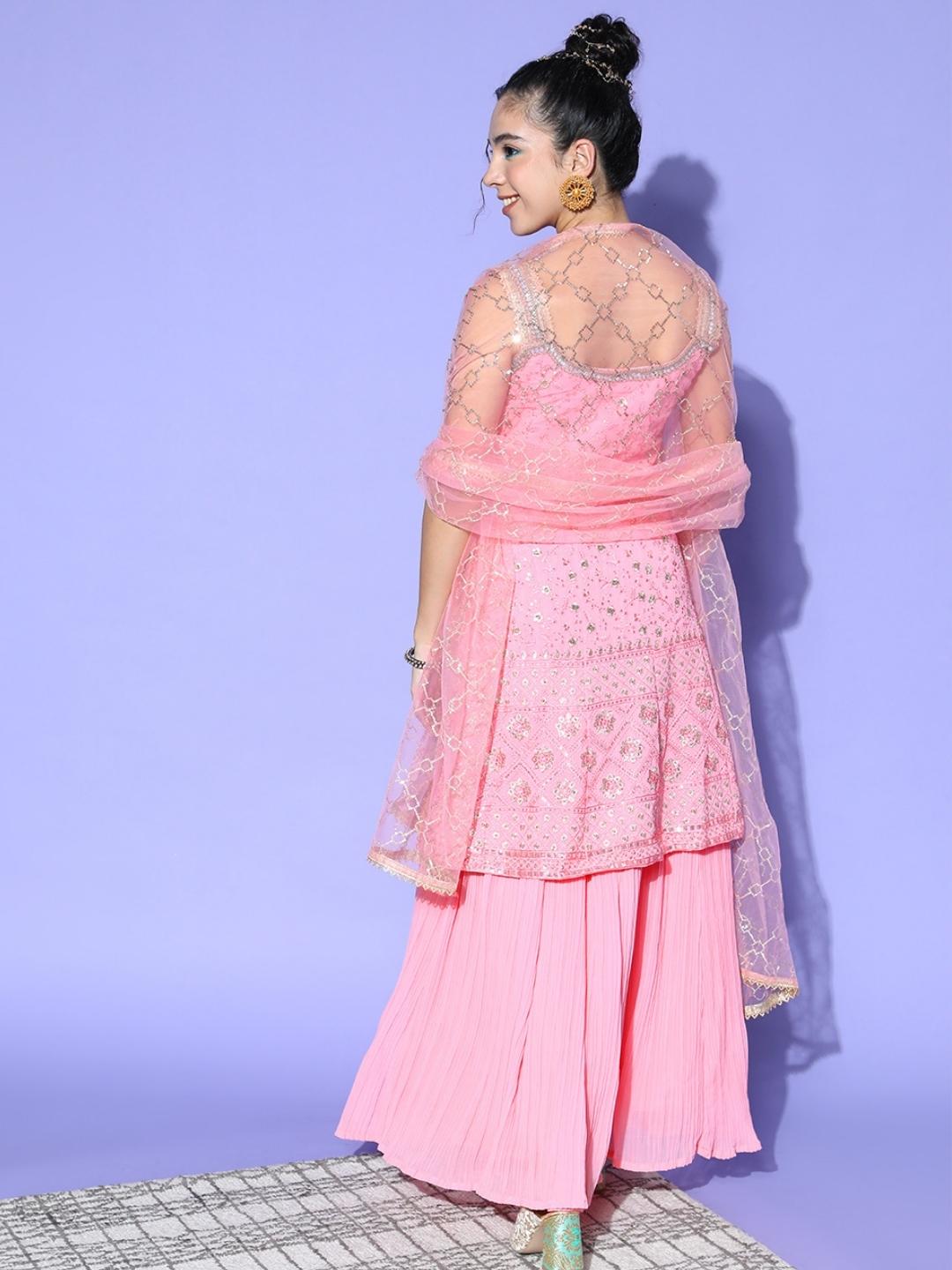 Pink Peplum Kurta, Pleated Lehenga Set & Heavy Net Dupatta