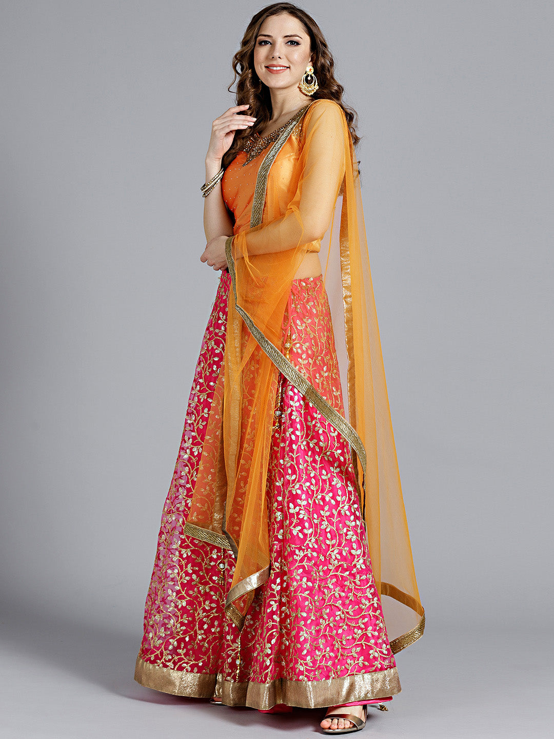 Embroidered Lehanga with Contrast Zircon Embellished Choli