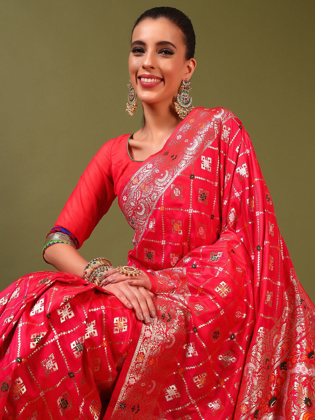 Traditional Banarasi Handloom Gharchola Patola Silk Saree with Gold Meenakari Weaving