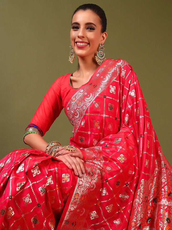 Traditional Banarasi Handloom Gharchola Patola Silk Saree with Gold Meenakari Weaving
