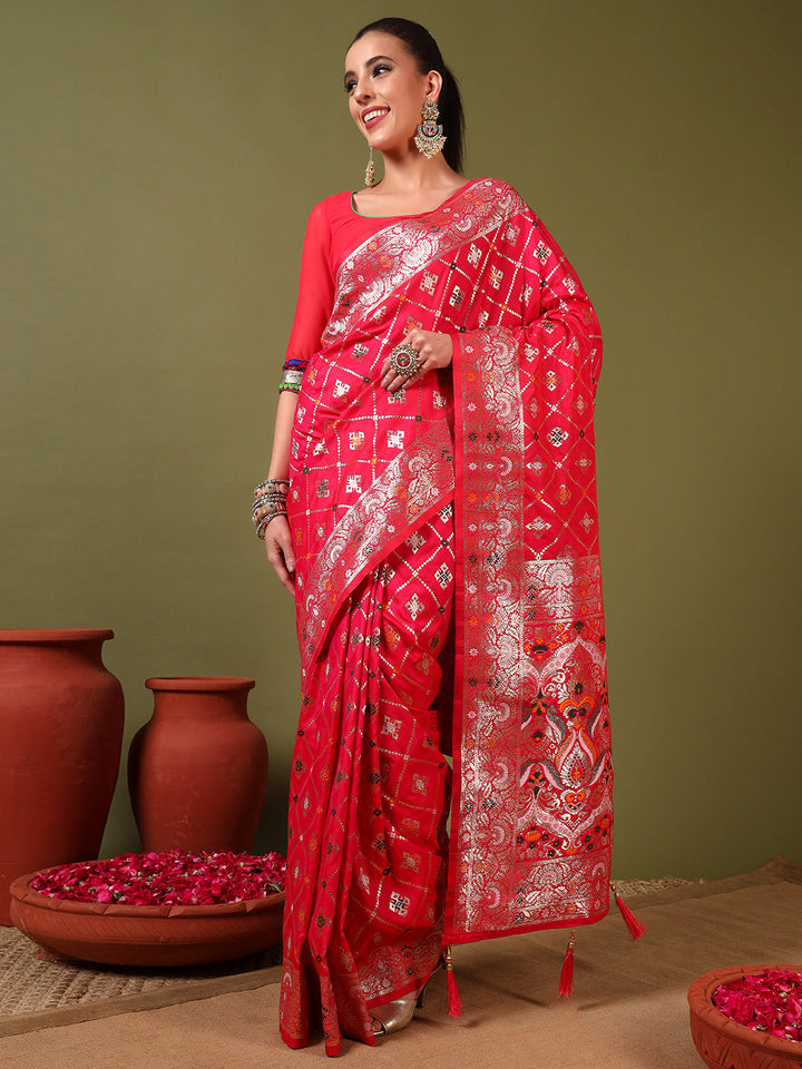 Traditional Banarasi Handloom Gharchola Patola Silk Saree with Gold Meenakari Weaving