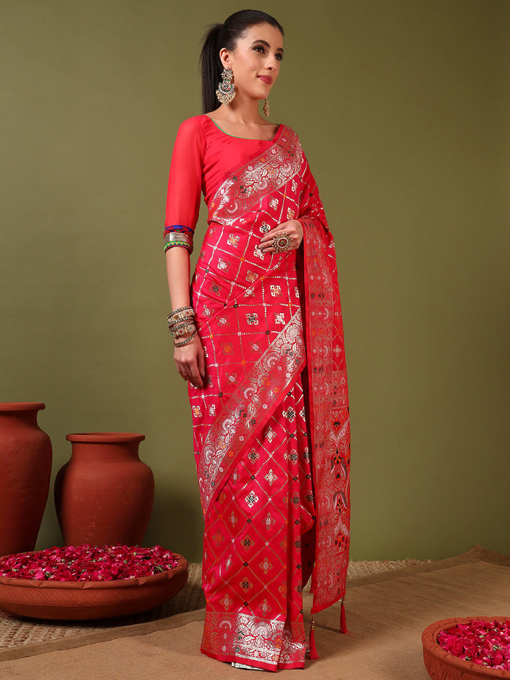 Traditional Banarasi Handloom Gharchola Patola Silk Saree with Gold Meenakari Weaving