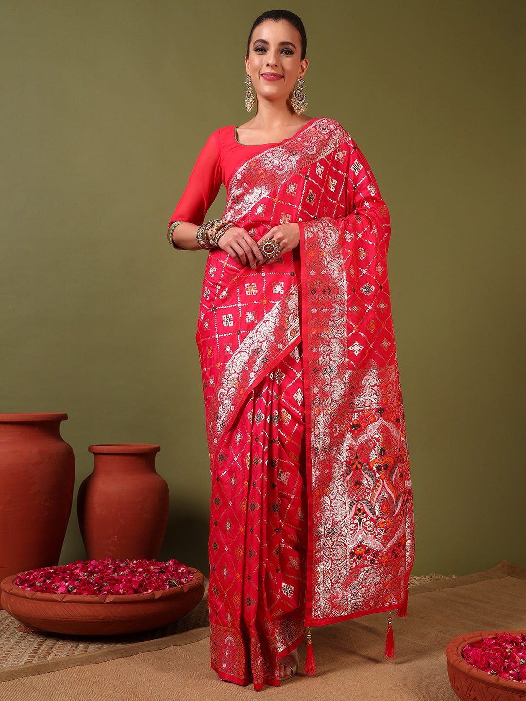 Traditional Banarasi Handloom Gharchola Patola Silk Saree with Gold Meenakari Weaving