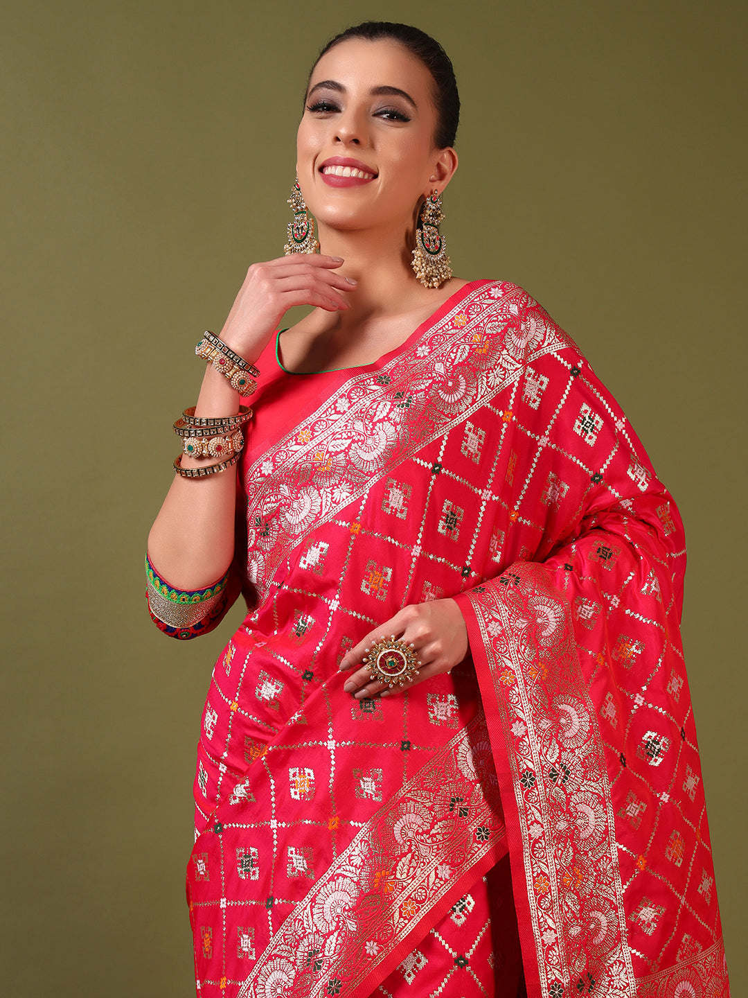 Traditional Banarasi Handloom Gharchola Patola Silk Saree with Gold Meenakari Weaving