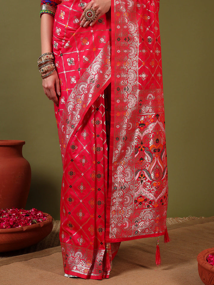 Traditional Banarasi Handloom Gharchola Patola Silk Saree with Gold Meenakari Weaving