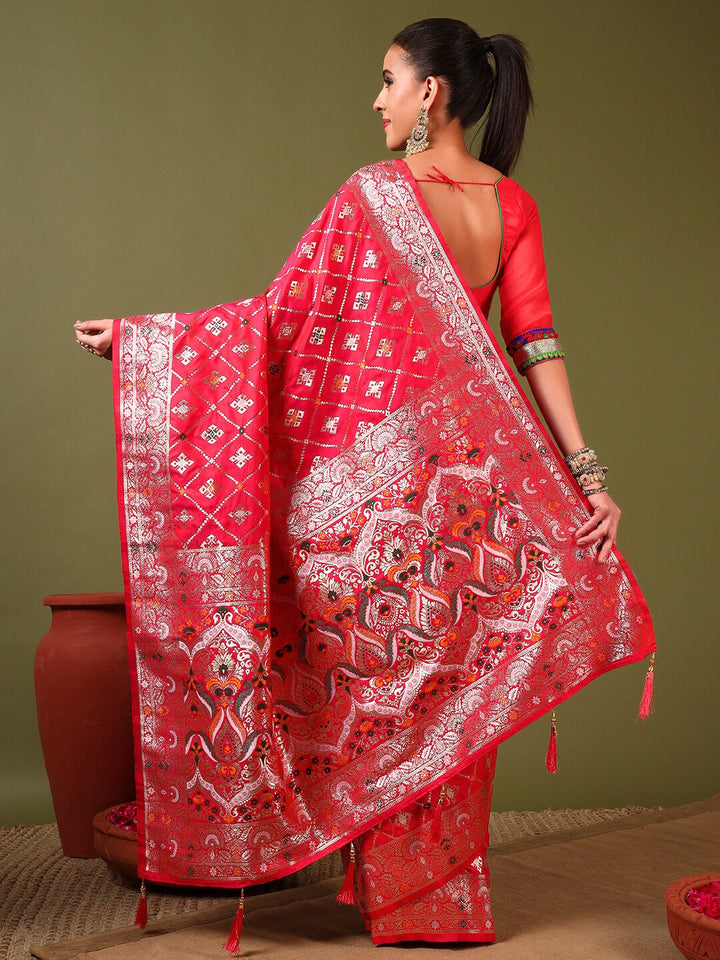 Traditional Banarasi Handloom Gharchola Patola Silk Saree with Gold Meenakari Weaving
