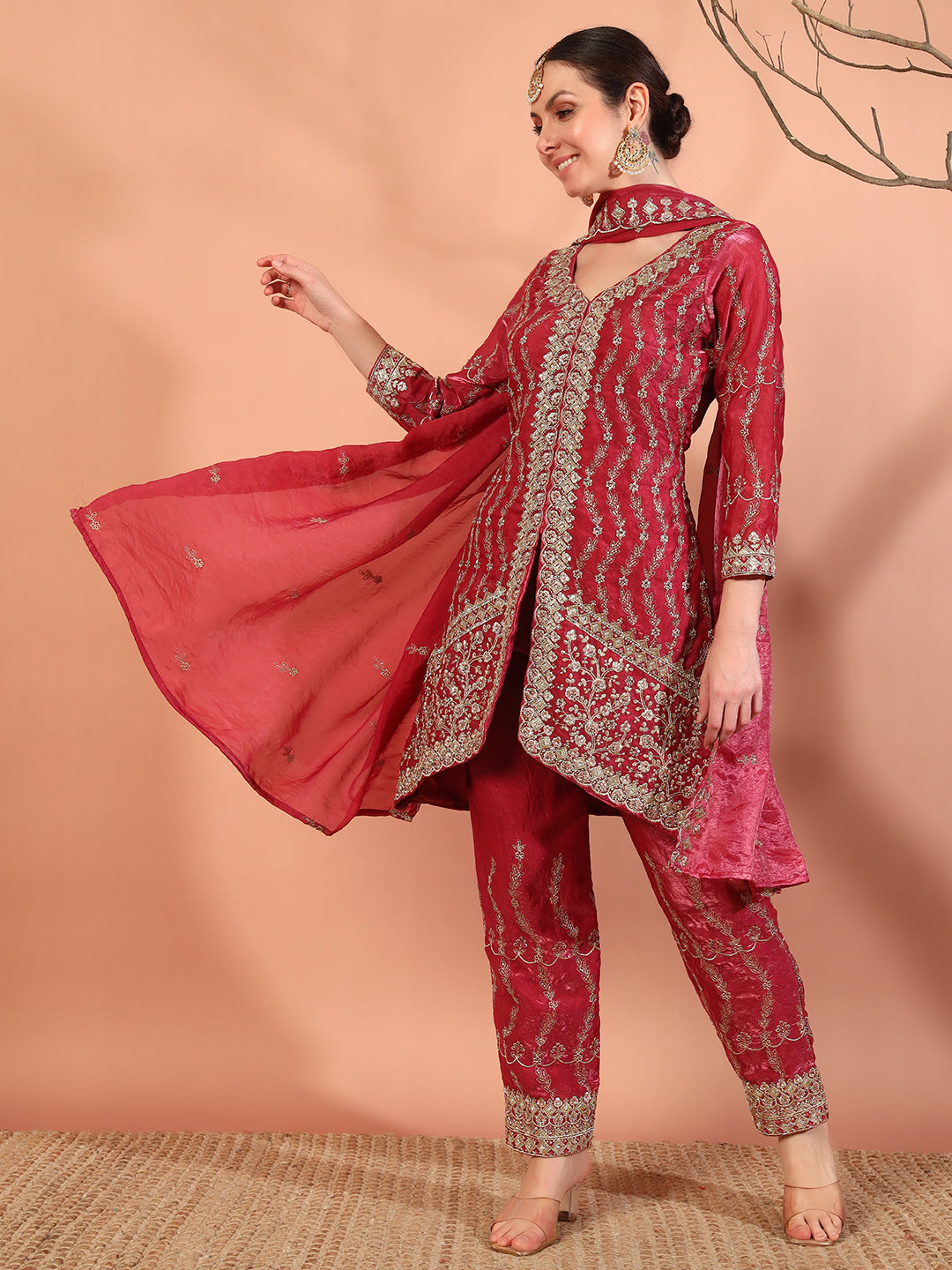 Chhabra 555 Zari Beads & Sequin Embellished Jacket Kurta Pant Set with Embroidery Dupatta
