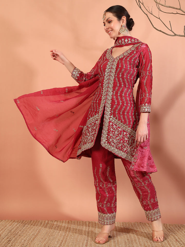 Chhabra 555 Zari Beads & Sequin Embellished Jacket Kurta Pant Set with Embroidery Dupatta