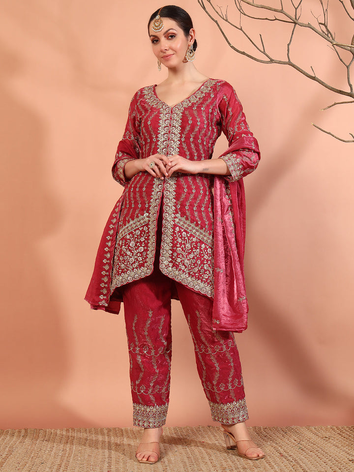 Zari Beads & Sequin Embellished Jacket Kurta Pant Set with Embroidery Dupatta