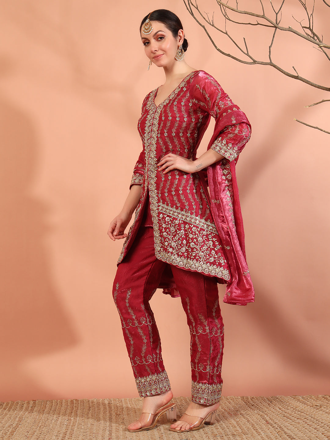 Zari Beads & Sequin Embellished Jacket Kurta Pant Set with Embroidery Dupatta